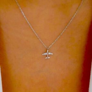 Silver Airplane Necklace, Cubic Zirconia Airplane Necklace, Aviator Necklace